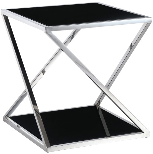 Stolik Imperial 50x50x54cm z czarnym szklanym blatem i chromowanym metalowym stelażem w kształcie krzyża. Produkt stojący, z prostymi liniami, idealny do nowoczesnych wnętrz.
