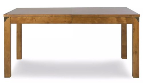 Stół drewniany rozkładany w kolorze jasnego orzecha, o wymiarach 160/210x95x75,5 cm, z prostokątnym blatem i prostymi nogami. Ujęcie frontalne, ukazujące otwarty stół bez dekoracji. Brak widocznych napisów i logo. Tło jednolite.