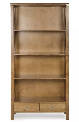 Regał drewniany na książki w kolorze miodowym, o wymiarach 90x35x176 cm, z czterema półkami i dwoma szufladami na dole. Ujęcie frontalne, produkt stoi na podłodze, bez widocznych wzorów lub dekoracji.