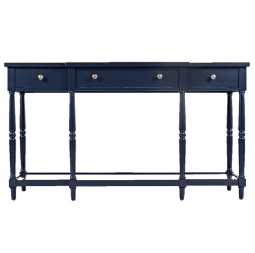 Konsola Avola w kolorze granatowym, o wymiarach 152x36x87 cm, z trzema szufladami z okrągłymi metalowymi uchwytami i ozdobnymi, cylindrycznymi nogami. Stoi na prostym tle, prezentując elegancki design.