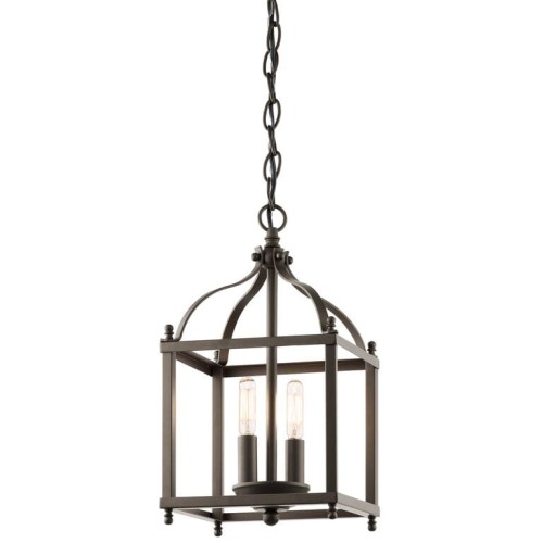 Wisząca lampa sufitowa Boston, w kolorze brązowym, o wymiarach 20x20x37,5 cm. Kształt kwadratowy, z metalową konstrukcją i przezroczystymi kloszami. Produkt zawiesza się na łańcuchu, z dwiema żarówkami wewnątrz, prezentowany na jednolitym tle.