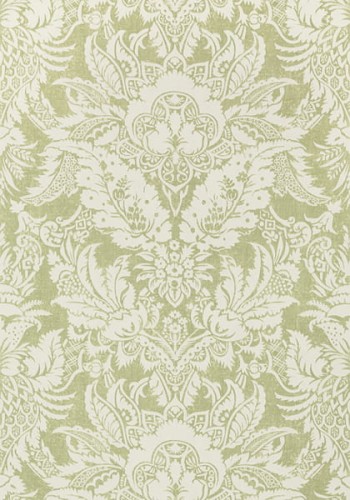 Tapeta Thibaut CHARDONNET DAMASK w kolorze limonkowym, z delikatnym, kwiatowym wzorem. Ukazana frontalnie, na jednolitym tle. Gładka faktura, typowa dla tapet dekoracyjnych. Wymiary i detale nie są widoczne.