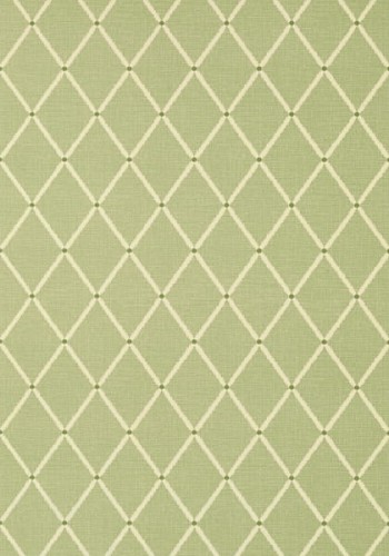 Tapeta Thibaut POMPTON TRELLIS w odcieniu zieleni, z delikatnym wzorem w romby. Wzór składa się z białych linii tworzących siatkę oraz małych zielonych kropek w węzłach. Tekstura matowa, jednolita powierzchnia. Idealna do aranżacji wnętrz.