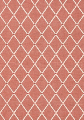 Tapeta Thibaut Pompton Trellis w czerwieni z białym, rombowym wzorem. Widoczna faktura materiału tekstylnego, ukazująca elegancki, geometrzyczny deseni. Ujęcie frontalne na jednolitym tle.
