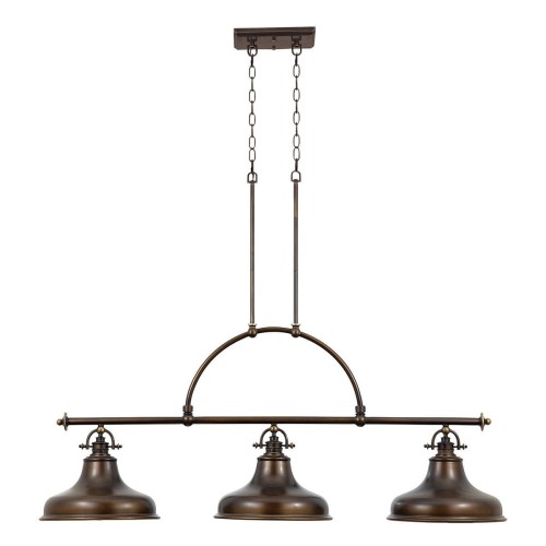 Lampa sufitowa wisząca Grosseto w kolorze brązowym, o wymiarach 133x59 cm. Posiada trzy metalowe klosze zawieszone na stalowej rurze oraz łańcuchu, z eleganckim wykończeniem. Idealna do nowoczesnych wnętrz.