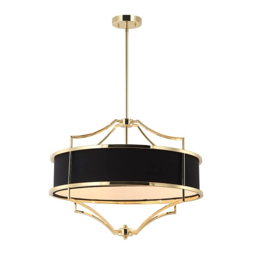 Lampa sufitowa wisząca Stesso w złotym połysku z czarnym abażurem, o wymiarach 55x43,4 cm. Produkt zawieszony na cienkim drucie, z ozdobnymi detalami w kształcie łuków, tworzy elegancki element dekoracyjny.