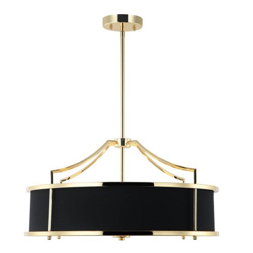 Lampa sufitowa wisząca Stesso w złotym połysku, z czarnym kloszem. Owalny kształt, wymiary 55x27,9 cm. Widok frontalny, produkt wiszący na eleganckim stelażu. Brak widocznych napisów lub logo. Klosz z matowego materiału, metalowe wykończenia.