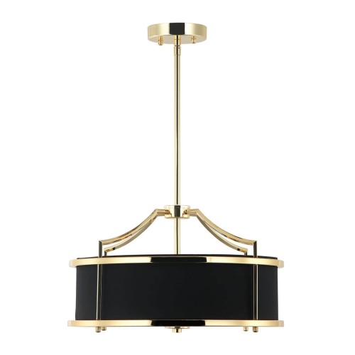 Wisząca lampa sufitowa Stanza o wymiarach 42x23 cm. Posiada złoty połysk i czarny abażur, utrzymana w eleganckim stylu. Lampa zawieszona na cienkim, złotym przewodzie, z delikatnymi zdobieniami na górze. Idealna do nowoczesnych wnętrz.