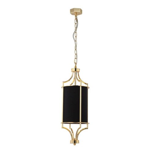 Lampa sufitowa wisząca Largo w złotym połysku z czarnym abażurem, o wymiarach 20x52,4 cm. Kształt cylindryczny, metalowa konstrukcja z dekoracyjnymi elementami, zawieszona na łańcuszku. Idealna do nowoczesnych wnętrz.
