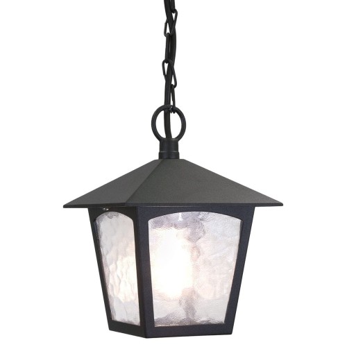Wisząca lampa zewnętrzna Yorkshire w kolorze czarnym, o wymiarach 18,5x28,5 cm, z metalowym, spiczastym dachem i przezroczystymi, teksturowanymi ściankami, zawieszona na łańcuszku. Idealna do oświetlenia tarasu lub ogrodu.