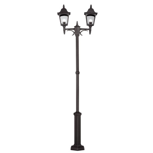 Stojąca lampa zewnętrzna Chappy 2 w kolorze czarnym, o wysokości 227 cm, posiada dwie latarnie z przezroczystymi kloszami. Produkt ma klasyczny, elegancki design z ozdobnymi detalami na słupie i podstawie.