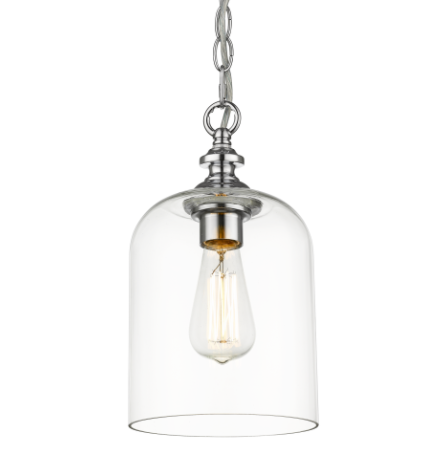 Lampa wisząca Serale chromowana z przezroczystym szklanym, okrągłym kloszem i widoczną żarówką, zawieszona na metalowym łańcuchu. Wymiary: 17x17x31 cm.