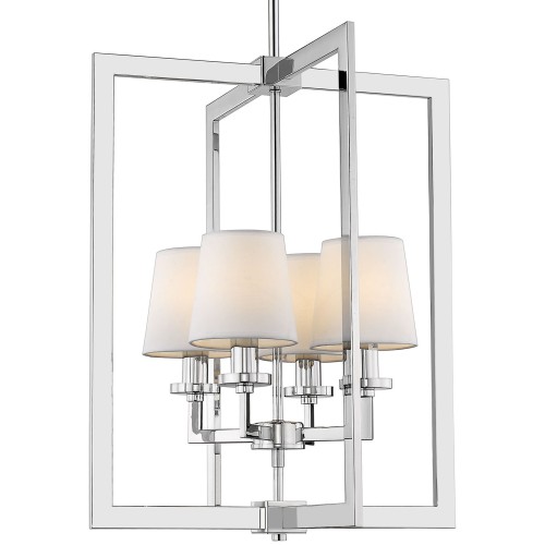 Lampa sufitowa Luna M, chromowana, kwadratowa z 4 białymi kloszami, metalowa rama. Wymiary 44x44x57 cm, zawieszona na kablu. Elegancki, nowoczesny design.