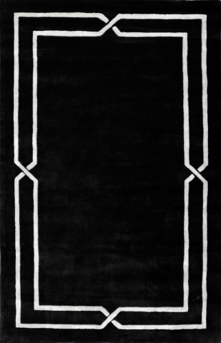Dywan Frame czarny z białym geometrycznym wzorem, prostokątny, puszysty, na płaskiej powierzchni. Kontrastowe kolory podkreślają nowoczesny design. Dostępny w różnych rozmiarach.