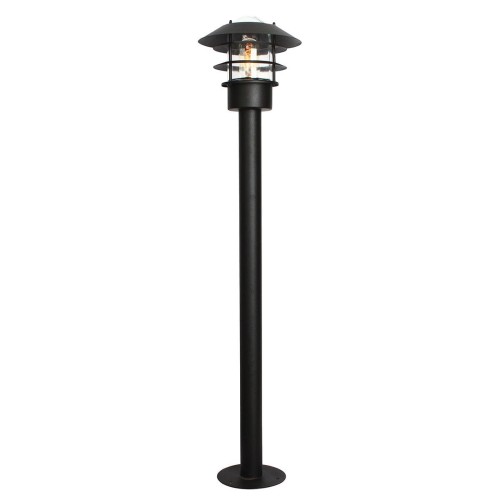 Lampa stojąca zewnętrzna Herald XL czarna, o wysokości 100 cm i średnicy 22 cm, z metalowym słupkiem i szklanym kloszem w formie dachu. Prezentowana w pozycji stojącej, na prostym tle, ukazuje detalowy design lampy.