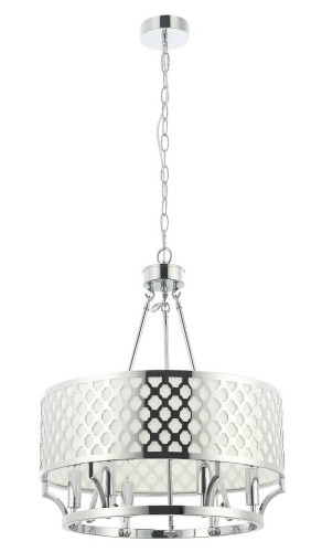 Wisząca lampa sufitowa Verno w chromie o wymiarach 55x55x157,5 cm. Posiada okrągły klosz z perforowanym wzorem w hexagony oraz metalowe elementy. Zawieszona na łańcuchu, idealna do nowoczesnych wnętrz.