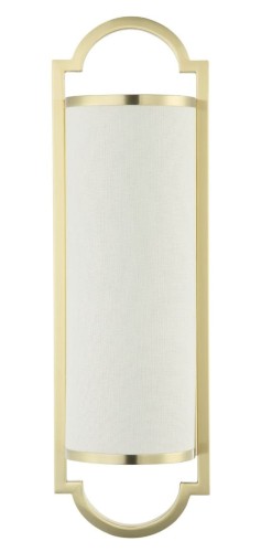 Kinkiet Libero Parette o wymiarach 15x49 cm, wykonany z satyny w kolorze starego złota, z białym kloszem tekstylnym. Produkt wiszący, prezentowany frontalnie. Prosta, elegancka forma bez zdobień. Tło białe, podkreślające detal produktu.