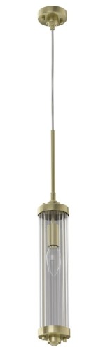 Lampa sufitowa wisząca Fiatto w kolorze starego złota, wykonana z satynowego metalu i szkła. Ma cylindryczny kształt o wymiarach 8,5x180 cm, z przezroczystymi żłobkami, zawieszona na drucie. Idealna do nowoczesnych wnętrz.