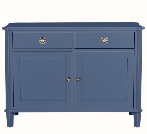 Komoda drewniana Henshaw Laura Ashley w kolorze niebiesko-szarym, z dwiema szufladami i dwiema drzwiami, o wymiarach 110x47x80 cm. Prosty, klasyczny design z metalowymi gałkami, stojąca na czterech nogach.