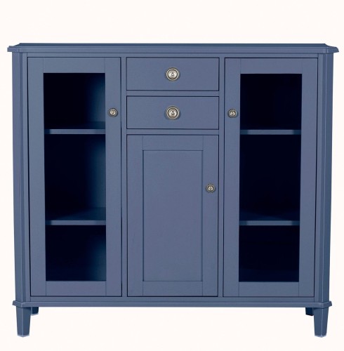 Henshaw Laura Ashley witryna w kolorze niebiesko-szarym, 128x42x115 cm, z trzema szufladami, drzwiami i otwartymi półkami, matowa, na prostych nóżkach, widok frontalny, bez napisów i logo.