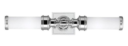 Kinkiet Morgan II Ornate Chrom w białej obudowie, o wymiarach 56x11 cm, z metalowym chromowanym wykończeniem i matowymi szklanymi kloszami, montowany na ścianie. Widok frontalny, z detalami konstrukcyjnymi w centrum oraz okrągłymi mocowaniami.