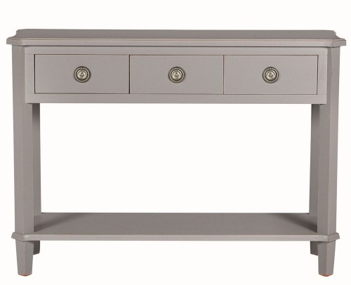 Konsola drewniana Henshaw Laura Ashley w kolorze szarym, o wymiarach 110x35x79,5 cm. Posiada trzy szuflady z okrągłymi uchwytami oraz dolną półkę, stojąca na lekko skośnych nogach. Prosty, elegancki design idealny do wnętrz.