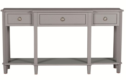 Drewniana konsola Henshaw Laura Ashley w kolorze szarym, o wymiarach 160x38x85 cm. Posiada trzy szuflady z okrągłymi uchwytami oraz dolną półkę. Ustawiona w pozycji stojącej, z prostym tłem.