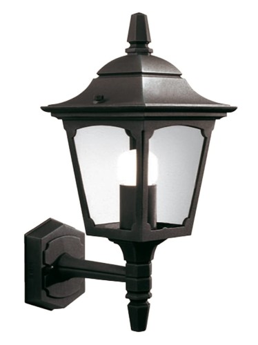 Kinkiet zewnętrzny Chappy 2 w kolorze czarnym, o wysokości 38 cm i szerokości 17 cm. Produkt zamontowany na ścianie, z metalową obudową oraz przezroczystymi szybami. Ujęcie frontalne ukazuje klasyczny kształt i źródło światła wewnątrz.