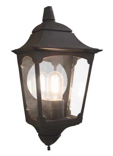 Czarna lampa zewnętrzna Chappy 22x41 cm z przezroczystymi ściankami i stożkowym dachem, montowana na ścianie. Widoczne żarówki tworzą elegancką dekorację na zewnątrz.