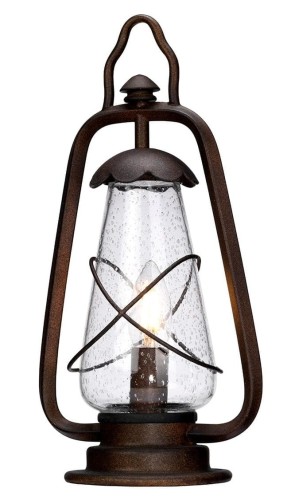 Lampa stojąca zewnętrzna Brind, brązowa, 20 cm wys., 36 cm średn., szklany klosz z kroplami, metalowa konstrukcja z daszkiem, frontalne ujęcie, widoczna żarówka, oświetla wnętrze.