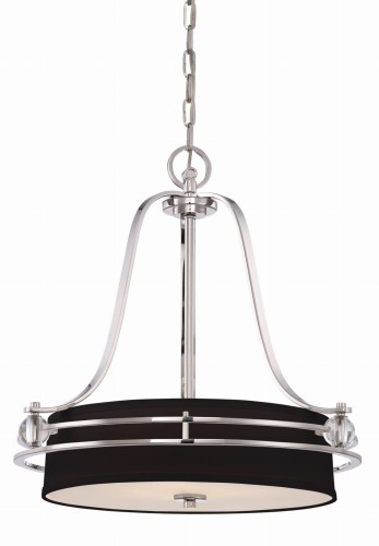 Wisząca lampa sufitowa Manhattan w kolorze chromu i czerni, o wymiarach 58x58x61 cm. Posiada cylindryczny klosz oraz ozdobne elementy metalowe, zawieszona na łańcuchu. Elegancki design, idealna do nowoczesnych wnętrz.