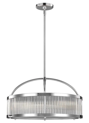Lampa sufitowa wisząca Orvieto w kolorze chromu, o wymiarach 53,7x53,7x26,7-175,7 cm. Produkt wisi na długim, metalowym stelażu, z prostokątnym kloszem z przezroczystego szkła o żłobieniach, co tworzy ciekawe efekty świetlne.