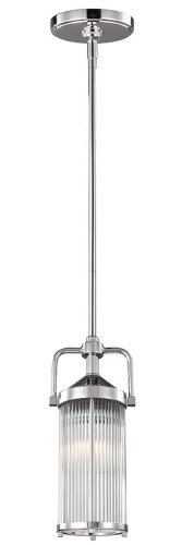 Lampa sufitowa wisząca Orvieto S w kolorze chromu, o wymiarach 13,3x13,3x31,8-148,2 cm. Szklany klosz z pionowymi żłobieniami, metalowe detale, montowana na długim przewodzie. Elegancki, nowoczesny design.