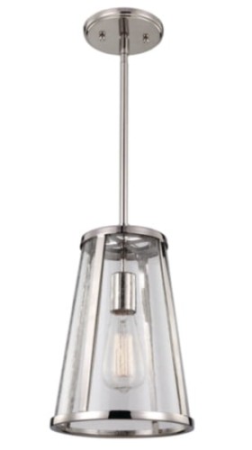 Lampa sufitowa wisząca Incendium S w kolorze niklu, o wymiarach 20,3x20,3x58,4-137,1 cm. Posiada przezroczystą klosz w kształcie stożka, odsłaniający żarówkę, zawieszona na cienkim metalowym stelażu.