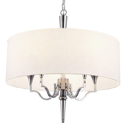 Lampa sufitowa wisząca Washington o owalnym, białym kloszu wykonanym z materiału tekstylnego. Metalowe elementy w wykończeniu niklowym, widoczna centralna konstrukcja z sześcioma ramionami. Wymiary: 60x60x58 cm. Produkt zawieszony na łańcuchu.