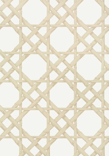 Tapeta Thibaut CYRUS CANE w odcieniach beżu i bieli, z wzorem w formie krzyżujących się linii, tworzącym efekt kratki. Materiał teksturowany, idealny do eleganckich wnętrz. Tło jasne, podkreślające wzór.