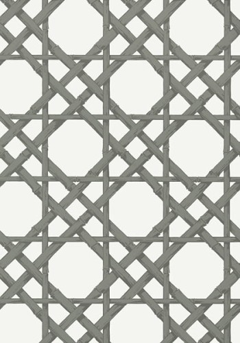 Tapeta Thibaut CYRUS CANE w odcieniach szarości i bieli, z geometrycznym wzorem w formie przeplatających się linii, tworzącym efekt kraty. Tło jasne, wzór wyraźny i regularny. Idealna do nowoczesnych wnętrz.