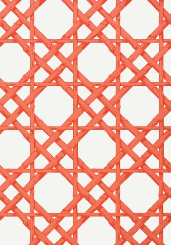 Tapeta Thibaut CYRUS CANE w kolorze koralowym na białym tle, przedstawiająca wzór w kratkę z przeplatającymi się liniami, tworzącymi geometryczny efekt. Idealna do dekoracji wnętrz.