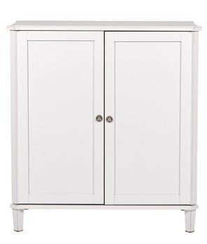 Drewniany barek Henshaw Laura Ashley, jasnoszary, wymiary 99x54x108 cm, frontalne ustawienie, dwie zamknięte drzwi, prosty gładki blat i stabilne nogi, bez zdobień.
