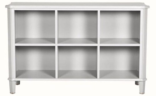 Jasnoszary regał drewniany 127x40x80 cm z 6 półkami, gładką powierzchnią, zaokrąglonymi krawędziami i prostymi nóżkami. Stabilny, idealny do przechowywania książek.