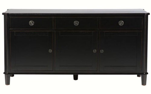 Czarna komoda drewniana Henshaw Laura Ashley z trzema szufladami na górze i dwiema drzwiami na dole. Wymiary 158x47x80 cm, z eleganckimi okrągłymi uchwytami i prostymi nogami. Przeznaczona do nowoczesnych wnętrz.