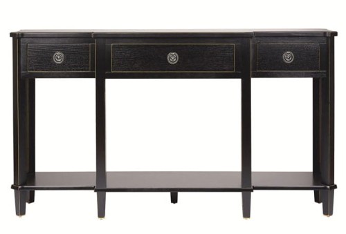 Czarna konsola drewniana Henshaw Laura Ashley z trzema szufladami i dolną półką. Wymiary 160x38x85 cm. Posiada metalowe uchwyty i delikatne złote wykończenia. Stojąca na czterech nóżkach.