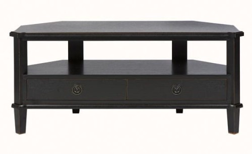 Stolik RTV Henshaw Laura Ashley w kolorze czarnym, o wymiarach 110x45x50 cm. Posiada dwie szuflady z okrągłymi uchwytami i dwie półki. Prosta, elegancka forma z lekko zaokrąglonym blatem. Ustawiony poziomo, na stabilnych nogach.