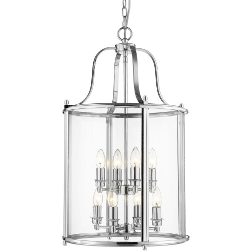 Lampa sufitowa Ventalio V w chromie, 43x43x76 cm, cylindryczna z przezroczystym kloszem i metalowymi detalami, z dziewięcioma żarówkami. Wisząca, z eleganckim designem na jasnym tle.