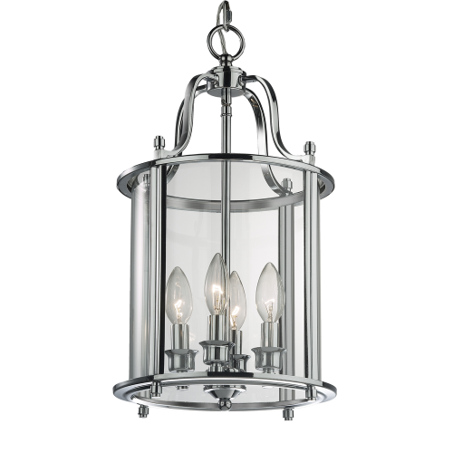 Lampa sufitowa wisząca Ventalio II w kolorze chrom, o wymiarach 27x27x48 cm. Produkt z metalową konstrukcją z czterema przezroczystymi kloszami, stylizowany na klasyczny. Ujęcie z dołu, z widoczną górną częścią, zawieszoną na łańcuszku.