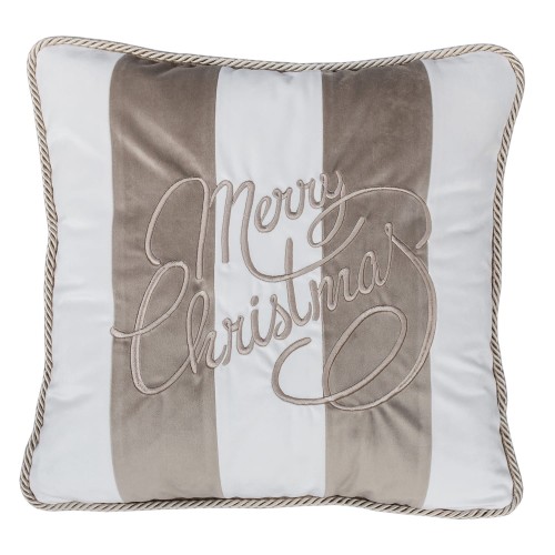 Kwadratowa poduszka dekoracyjna z haftem Merry Christmas w eleganckim stylu, pasy w beżu i bieli, beżowy ozdobny szew, na gładkim tle. Idealna na święta.