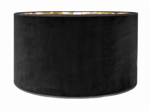 Abażur w kształcie cylindra, czarny z zewnątrz, wewnątrz złoty. Wymiary 35x20 cm. Wykonany z materiału welurowego, gładka faktura, umieszczony w pozycji stojącej, bez widocznych dodatkowych detali. Idealny do nowoczesnych aranżacji wnętrz.