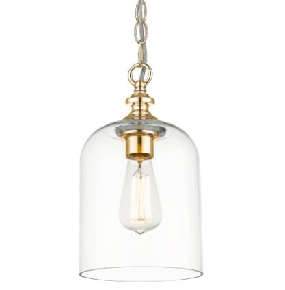 Wisząca lampa sufitowa Serale z przezroczystego szkła o wymiarach 17x17x31 cm. Złoty detal przy mocowaniu żarówki. Prosty, elegancki design, idealna do nowoczesnych wnętrz.