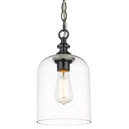Lampa wisząca Serale, czarna, z przezroczystym szklanym kloszem 17x17x31 cm, na łańcuchu z widoczną żarówką, idealna do nowoczesnych wnętrz. Białe tło podkreśla produkt.