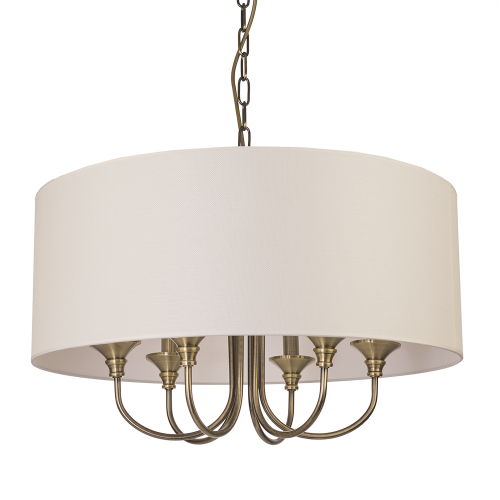 Lampa sufitowa Volare Libero w kolorze mosiądzu z białym abażurem o wymiarach 60x60x35 cm, wisząca, z pięcioma uchwytami na źródła światła, na łańcuchu. Abażur ma gładką teksturę, w tle jednolite, jasne tło.
